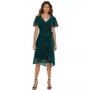 DKNY Women’s 12 Burnout Velvet Flutter-Sleeve Midi Dress Green. NWT